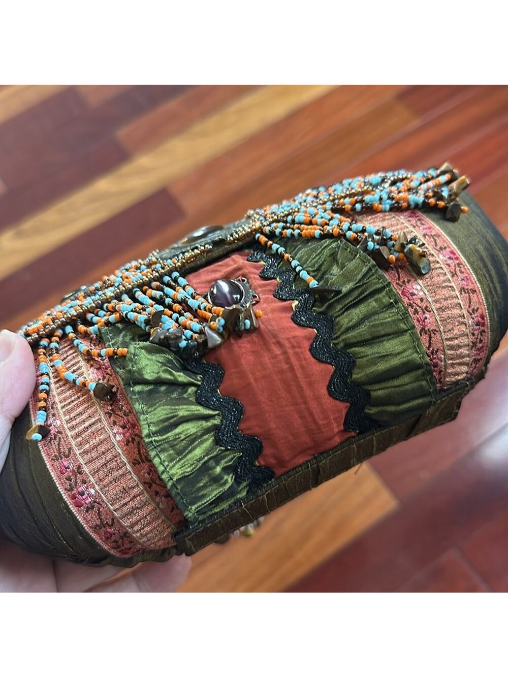 Pritzi Vintage Inspired Beaded Purse Bag Green Satin Boho Indie Artsy Party